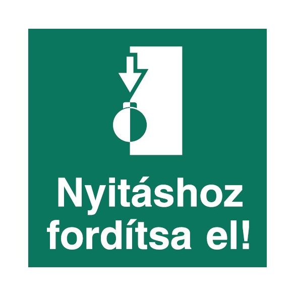 UV Nyitáshoz fordítsa el!-balra gombos ajtónyitóval - piktogram - öntapadós tábla 150x150