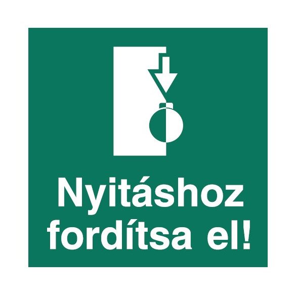 UV Nyitáshoz fordítsa el! - jobbra gombos ajtónyitóval - piktogram - öntapadós tábla 150x150